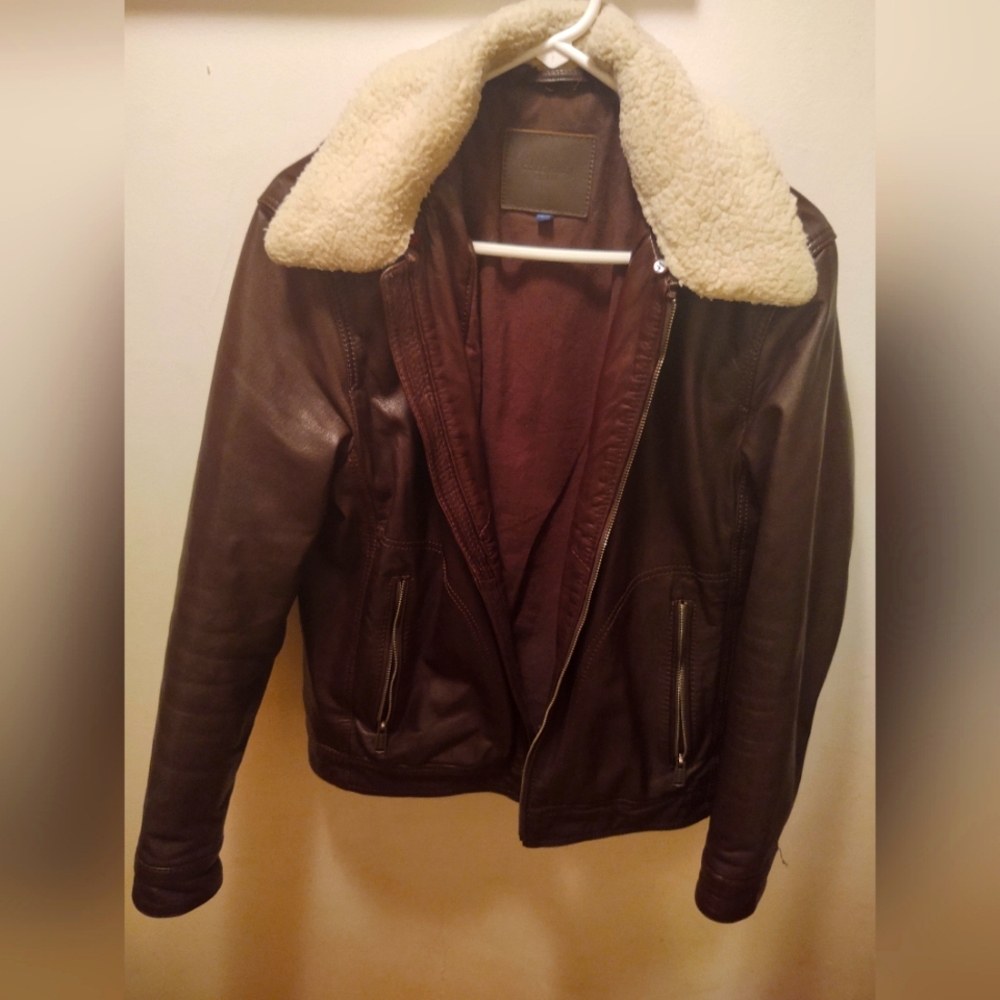 Cole Haan Leather Bomber Jacket with Detachable Faux Shearling Collar SMALL